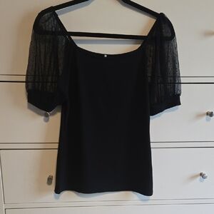 Black Sheer Polka Dot Puff Sleeve Fitted Blouse